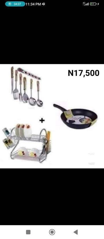 Set of plate rake, frying pan and spoon