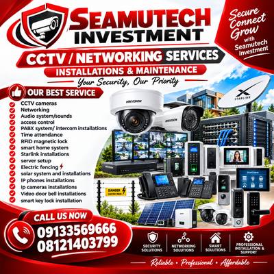 🚨 WELCOME TO SEAMUTECH INVESTMENT! 🚨  🔐 Your Security, Our Priority! 🛡️  Are you looking for reliable, professional, and affordable CCTV, networking, and security solutions? Look no further! 💯  At SEAMUTECH INVESTMENT, we are committed to providing quality installations, maintenance, and modern technology solutions to homes, offices, shops, companies, and industries.  ✅ CCTV Camera Installation ✅ Networking & Server Setup ✅ Access Control & Smart Door Locks ✅ PABX & Intercom Installation ✅ Starlink Installation ✅ Electric Fencing ✅ Solar Systems & Installation ✅ Video Doorbell Installation ✅ Smart Home Automation ✅ IP Phones, RFID Locks & Time Attendance Systems ✅ Audio Systems & Many More!  💯 We deliver quality service, professional installation, and dependable support at affordable prices.  🏢 Whether you are building a new home, securing your business, upgrading your office, or looking for a smart security solution, SEAMUTECH INVESTMENT is your trusted partner.  📞 CALL US TODAY: ☎️ 09133569666 ☎️ 08121403799  🙏 Please patronize us, recommend us to your friends and family, and share our contact with anyone who may need our services. Your support means a lot to us!  SEAMUTECH INVESTMENT 🔒 Secure • Connect • Grow ✨ Reliable • Professional • Affordable  Thank you for your trust and support! ❤️🤝