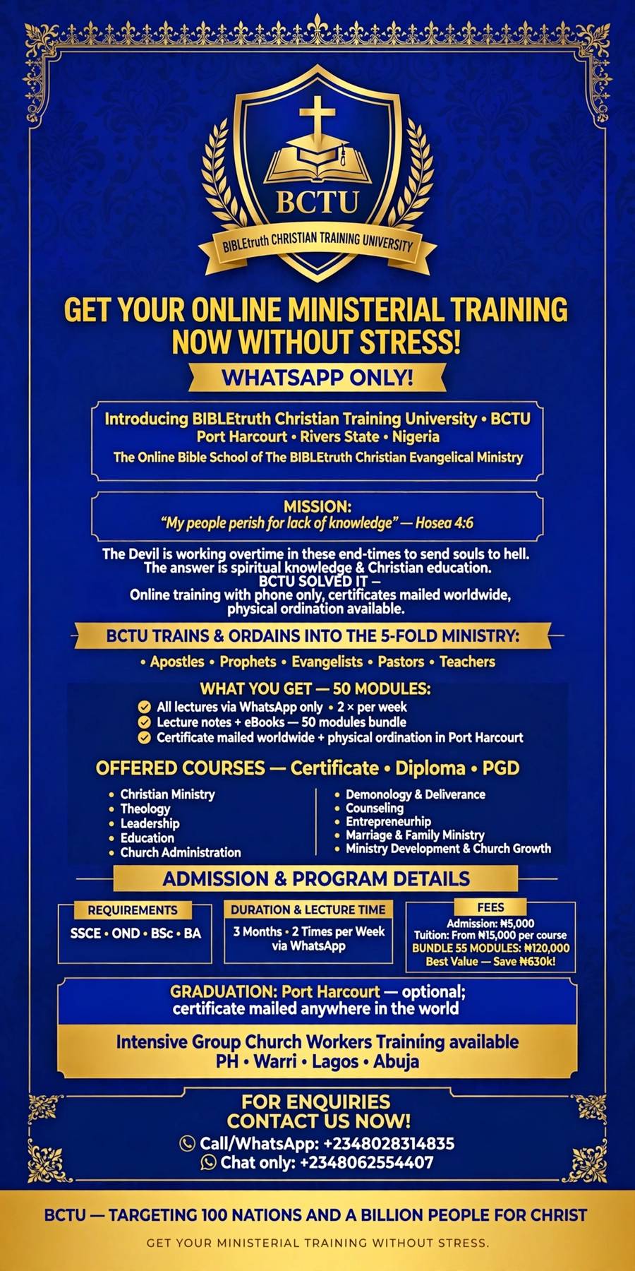 Bible School Theological and Leadership Course by The BIBLEtruth Christian Training University,Port Harcourt. (Online Lecture Notes,Modules & eBooks via Whatsapp only)